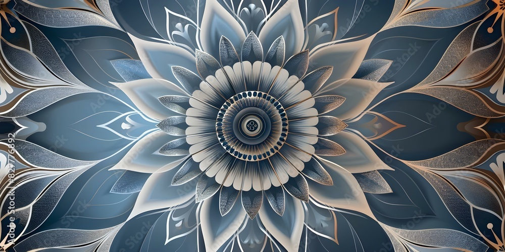Poster examination of intricate blue and white abstract design featuring linear and circular elements. conc