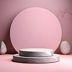 Minimal scene with Empty Podium and pastel background. Blank rock Stone hues Rendering. Trendy 3d render is suitable for social media banners, promotional Content, and cosmetic product display.