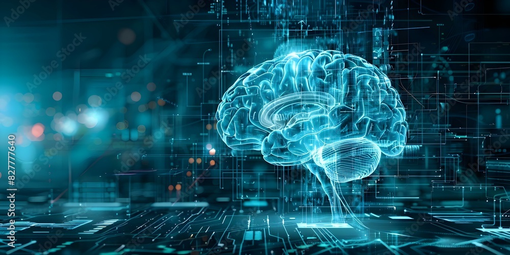 Poster integration of mechanical components with abstract representation of human brain on dark background.