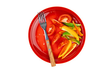chopped vegetables with fork on red plate top view isolated on white