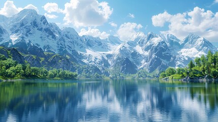 Fototapeta premium Scenic 3D render of an aesthetic landscape, showcasing majestic mountains and calm lakes under a picturesque sky