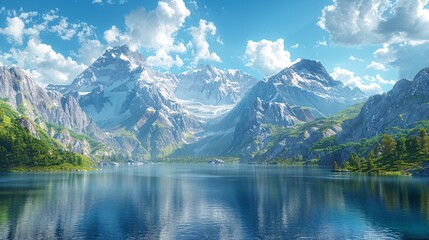 Fototapeta premium Scenic 3D render of an aesthetic landscape, showcasing majestic mountains and calm lakes under a picturesque sky