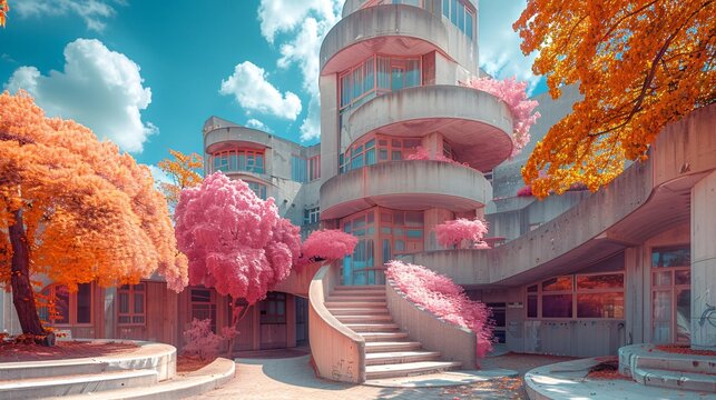 Artistic duotone architecture, emphasizing contrasting colors and unique building structures