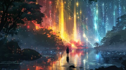 Fototapeta premium Vibrant digital painting with luminous colors, depicting a fantastical scene with glowing elements