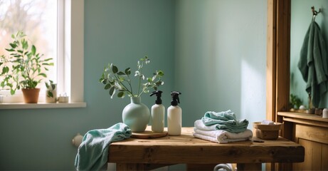 Towel on wooden podium, blurred bathroom setting