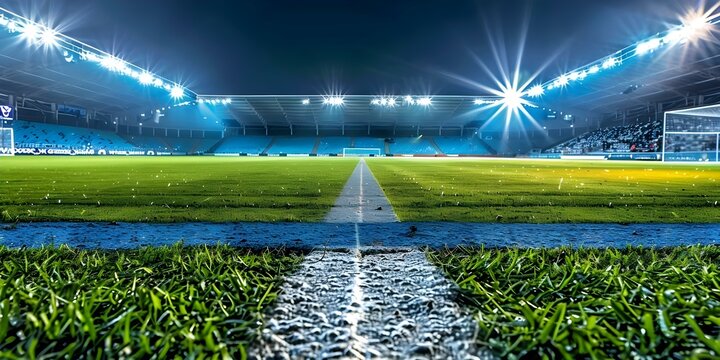 Vibrant Soccer Stadium Atmosphere with Bright Lights and Green Field. Concept Sports Photography, Nighttime Lighting, Stadium Portrait, Soccer Field, Vibrant Atmosphere