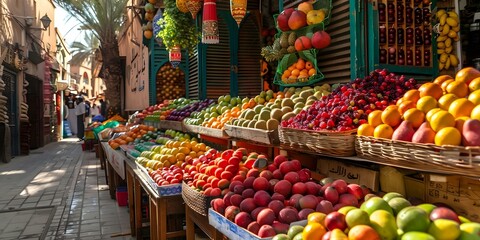 Vibrant Moroccan Bazaar: Colorful Market Stalls Offering Exotic Fruits and Crafts. Concept Moroccan Bazaar, Exotic Fruits, Colorful Crafts, Vibrant Market Stalls