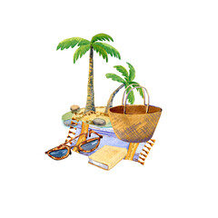 Watercolor illustration isolated on white background, tropical landscape with recreational items.
