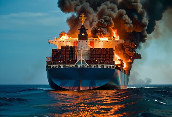  Fiery Captivity: A massive container ship is engulfed in flames amidst the vast ocean