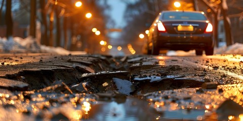 Navigating Pothole-Ridden City Streets: Drivers Slow Down to Avoid Damage. Concept Road Safety, Pothole Awareness, Vehicle Maintenance, Urban Infrastructure, Safe Driving