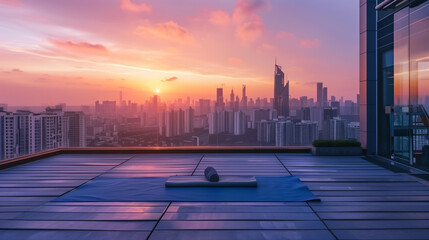An inviting yoga mat laid out on a rooftop terrace, with a panoramic view of a bustling city skyline under a vibrant sunset.
