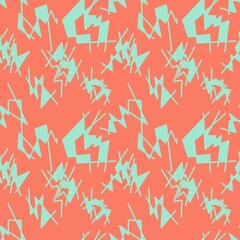 Seamless abstract geometric pattern. Green, orange. Illustration. Ethnic elements. Chaotic digital texture. Lines, polygons. Design for textile fabrics, wrapping paper, background, wallpaper, cover.