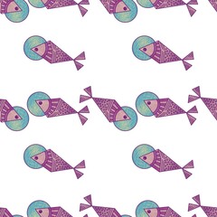Seamless abstract pattern. Purple, blue, white. Illustration. Fishes. Brush strokes. Design for textile fabrics, wrapping paper, background, wallpaper, cover.