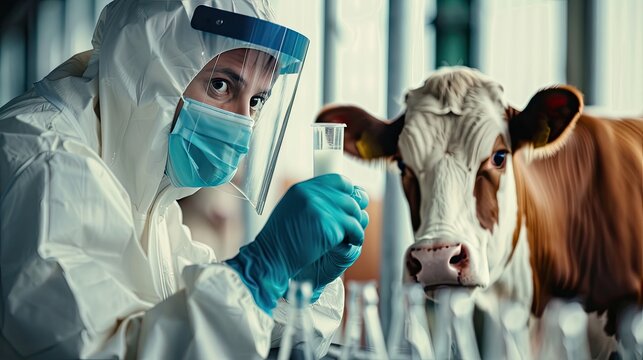 A veterinarian in a protective suit takes tests on animals on a farm. Selective focus.
