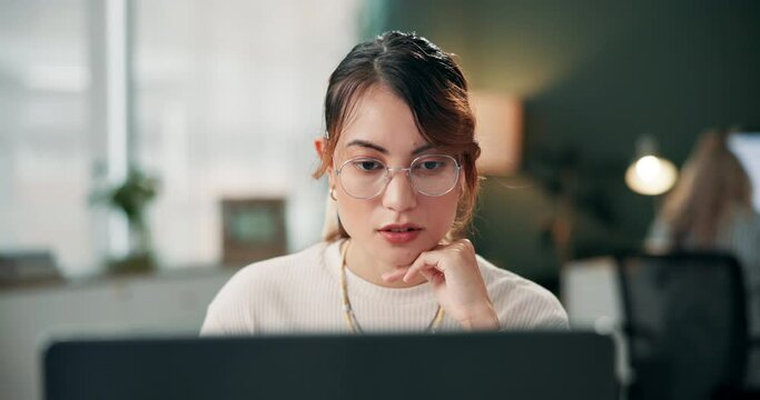 Woman, journalist and thinking with computer at work in research for deadline in office for company or business. Female person, tech and concentration for project, target or goal in workplace for job