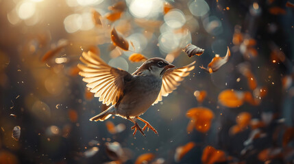 A bird in mid-flight surrounded by falling leaves, illuminated by soft sunlight. Symbolizes freedom, change, and the beauty of nature. Ideal for environmental campaigns, autumn-themed promotions