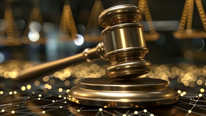 Digital gavel ensures legal protection for large companies in court rulings. Concept Legal Technology, Corporate Litigation, Court Protection, Digital Innovation, Legal Compliance