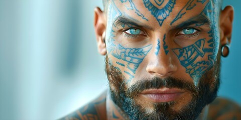 The title "A Tattooed Man with Intense Facial Ink Exudes a Powerful Captivating Presence" could be revised as: "The Powerful and Captivating Presence of a Man with Intense Facial Ink". Concept Portra