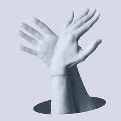 Intertwining of male hands is like the wings of a bird from the circle. Emotional position of hands and fingers, gestures. Freedom, ease concept. Art collage. Vector.