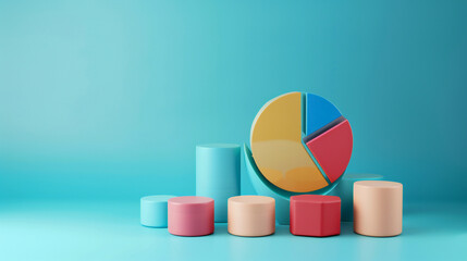 Obraz premium A colorful pie chart and cylindrical bars against a blue background. Symbolizes data analysis, statistics, and business insights. Ideal for marketing analytics, business reports, educational materials