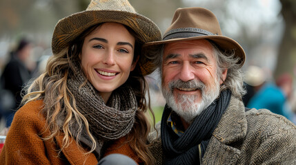 Middle-aged man and woman seated next to each other on picnic in park