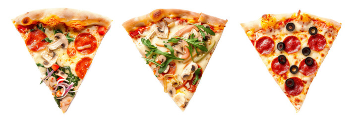 3 different types of pizza slices with diverse toppings