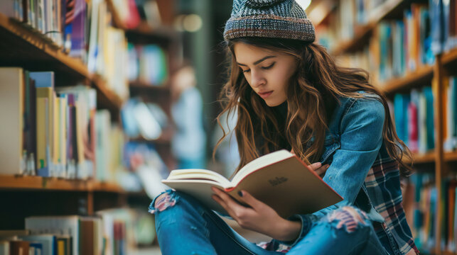 A young woman engrossed in reading a book, sitting on the floor of a cozy library, surrounded by shelves filled with books. Perfect for campaigns promoting reading, education, and libraries