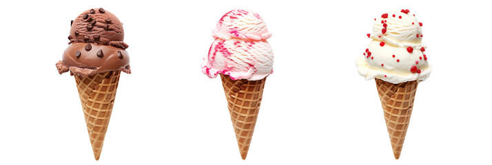 set of ice cream cones with various flavors and toppings, isolated on transparent background