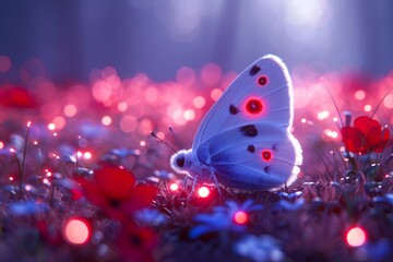 A delicate butterfly with red spots on wings is perched on a flower, amidst a beautifully illuminated field of blossoms in a dreamy landscape.