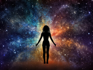 A woman is standing in a colorful galaxy. The galaxy is full of stars and has a vibrant, otherworldly feel to it. The woman is looking up at the stars