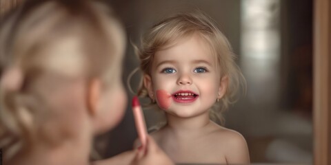A little girl is smiling in front of a mirror.