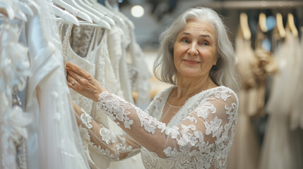 Fototapeta premium Older woman with silver hair carefully inspects a white wedding dress hanging on a clothing rack in a store