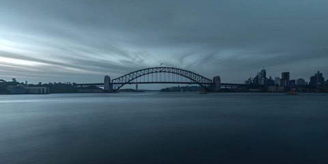 Long exposure photo of Sydney Harbour Bridge at sunset in Australia. Concept Travel, Cityscape, Landscape Photography, Sydney Harbour Bridge, Sunset