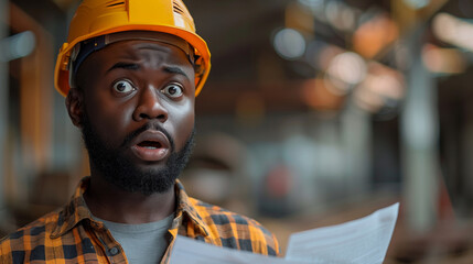 A man wearing a yellow hard hat is holding a piece of paper. He looks surprised. a black worker super surprised looking at the paper he holds in his hand, blurred construction site in background