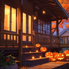 Obraz premium Porch of wooden house with Halloween pumpkins, candles and autumn leaves background. Generative AI