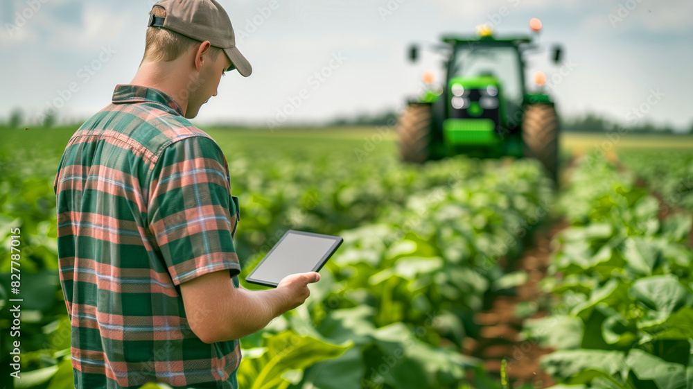 Poster a man is standing in a field with a tablet in his hand. he is looking at the tablet, possibly checki