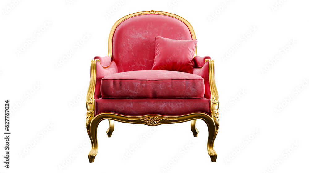 Sticker 3d render of red and gold classic armchir isolated on transparent background