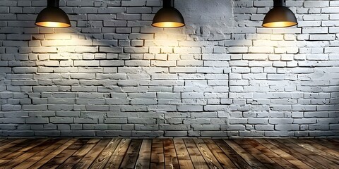 White brick wall wooden floor black pendant lamps casting light. Concept Interior Design, Industrial Style, Modern Lighting, Monochrome Decor, Home Decor