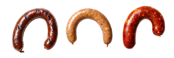 set of of sausages, including bratwurst and chorizo, isolated on transparent background