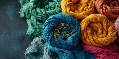 Promoting Sustainable Textiles Through Ecoconscious Clothing with Recycle Symbol to Discourage Fast Fashion. Concept Sustainable Fashion, Ecoconscious Clothing, Recycle Symbol, Fast Fashion, Textiles