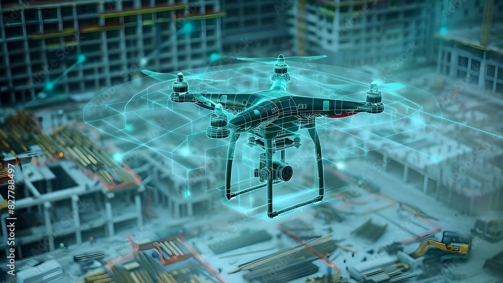 Poster utilizing remote-controlled drone technology for digital d projection scanning of construction sites