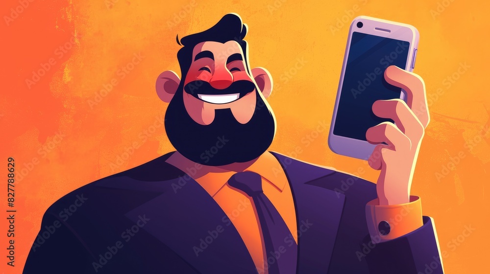 Poster a cheerful businessman proudly displaying the newest smartphone model holds up the sleek device with