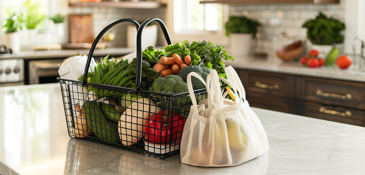 A grocery basket filled with fresh produce and reusable bags, placed on a clean countertop with ample copyspace.