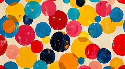 Create a playful polka dots pattern with brightly colored dots evenly spaced on a contrasting background, evoking a cheerful and fun atmosphere perfect for contemporary designs