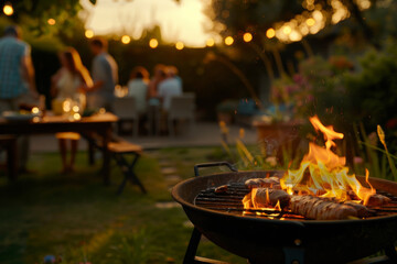 Barbecue grill with burning flames in the backyard at a garden party, people in the background at sunset during the evening, a family and friends having fun together during their summer vacation.