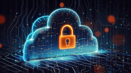 
A digital illustration of an illuminated cloud icon with a padlock, floating above glowing circuit lines in the background