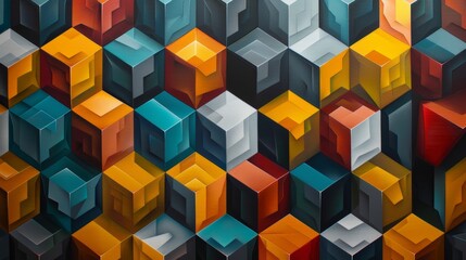 Obraz premium Illustrate a cube pattern with three-dimensional shapes arranged in a tessellated design, using contrasting colors to create a visually striking and modern effect 