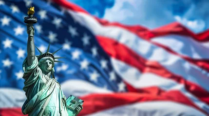 Wanddecoratie Vrijheidsbeeld copy space, stockphoto, Statue of Liberty, american flag in the background, 4th july independence day. American symbol of freedom. 4th of july mockup.  © Dirk
