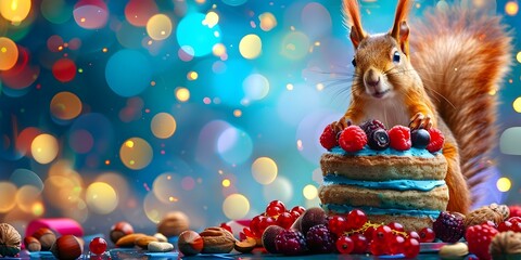 Colorful 3D squirrels party with vibrant cake berries nuts for festive events. Concept Party Decor, Colorful Squirrels, 3D Props, Festive Events, Vibrant Cake - Powered by Adobe