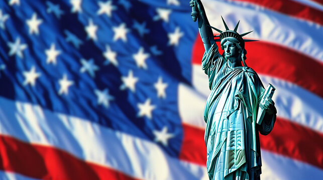 copy space, stockphoto, Statue of Liberty, american flag in the background, 4th july independence day. American symbol of freedom. 4th of july mockup.